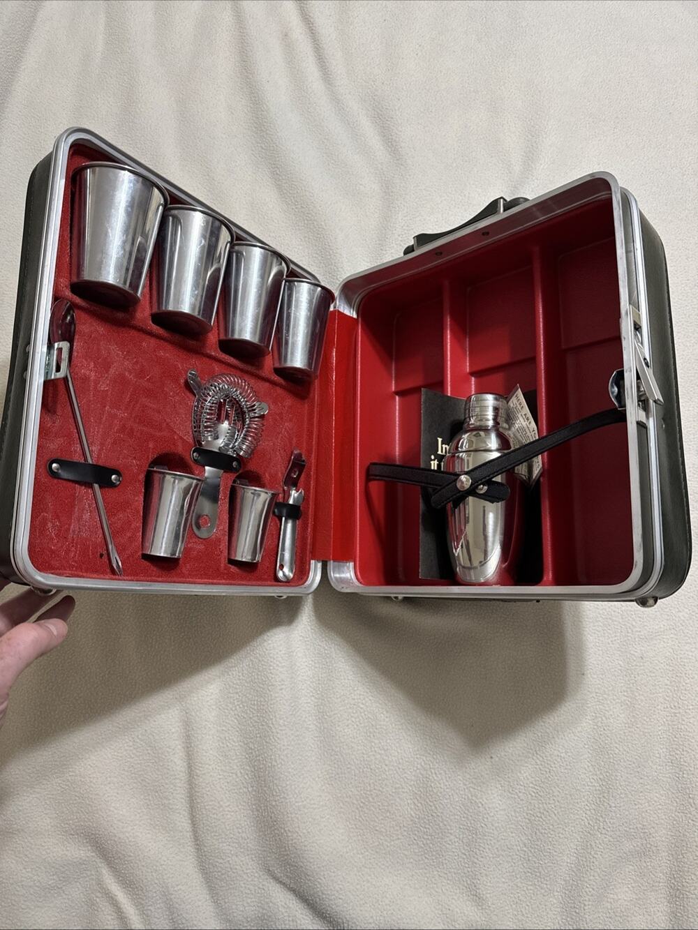 Vintage 10 Pc Platt Travel Cocktail Bar Liquor Case Portable - Aluminum Glasses